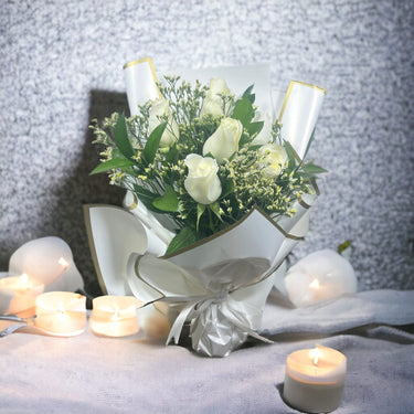 Pure White Rose Bouquet, White Roses, Limonium, Ruscus, White Wrap